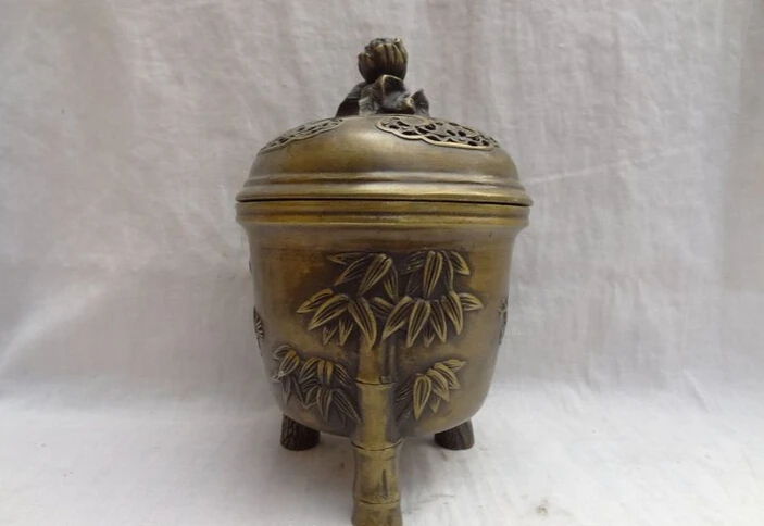 

song voge gem S4916 8" China Bronze 3 Tree Bamboo Pole Pine Statue Old Tibetan Incense Burner Censer