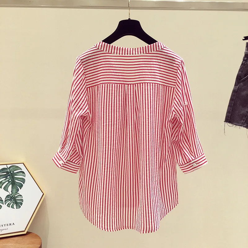 Striped Shirt Female New Summer Chiffon Loose V Collar Blouse Clothes Three Quarter Sleeved Casual Fashion Girl Top Shirts H9006 3
