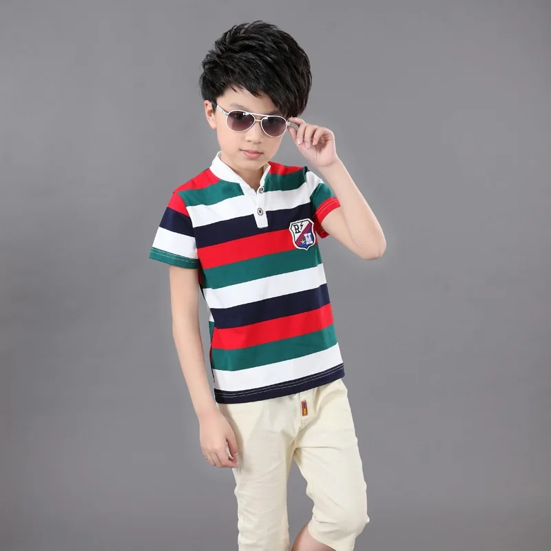Летний костюм с короткими рукавами для мальчиков детская хлопковая футболка в полоску+ шорты комплект одежды из 2 предметов для мальчиков-подростков - Цвет: 2