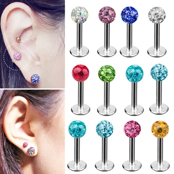 

1PC Surgical Steel Crystal Labret Lip Stud colorful Ferido Ball epoxy CZ gem ball Ear Cartilage Tragus Piercing Stud Earring 16g