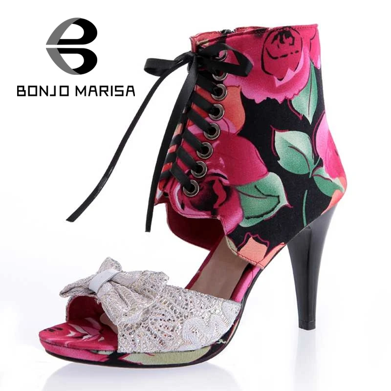 

BONJOMARSIA hemia lace-up Peep Toe Cutout Women Sandals Woman High Heel Platform Bowtie Shoes Party Shopping Ladies Footwear