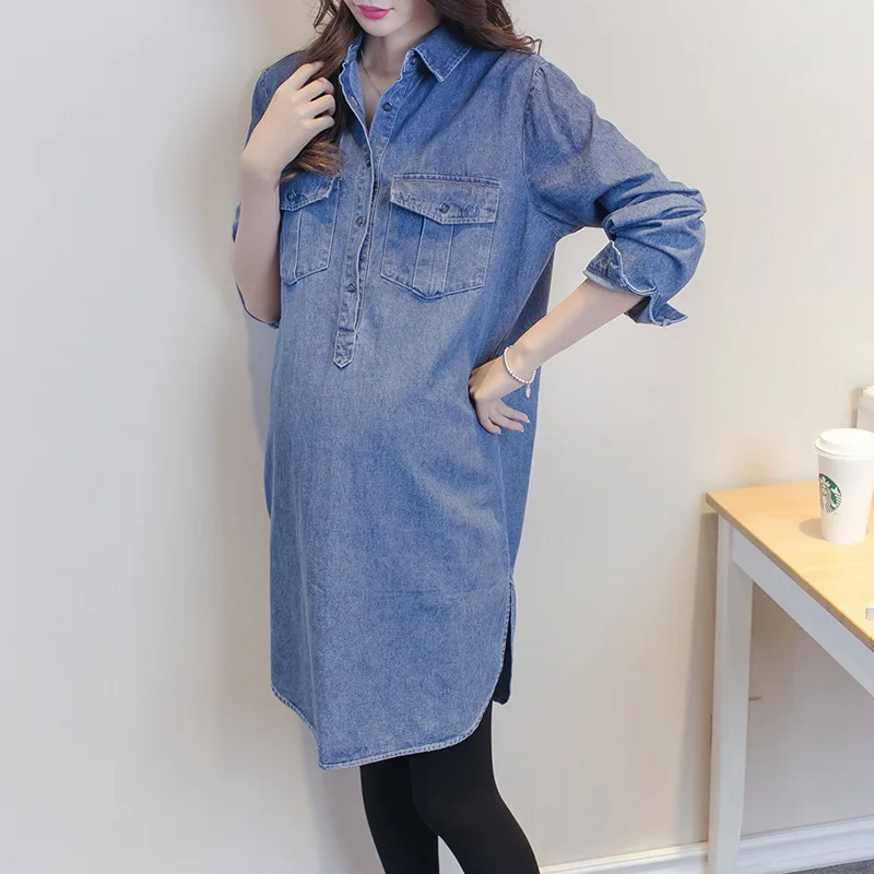 

Autumn Maternity Dress Denim Shirt Pregnant Women Skirt Loose Large Size Tops