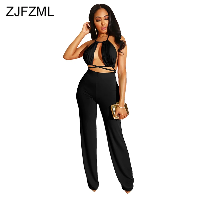 

Waist Band Cut Out Rompers Womens Jumpsuit Off Shoulder Backless Wide Leg Bodysuit Summer Halter Sleeveless Full Length Rompers