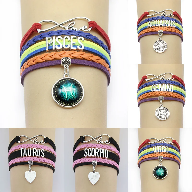 

10PC/Lot Infinity love 12 Constellation Bracelet Zodiac Sign Charm Leather Wrap Men Bracelets & Bangles For Women Jewelry