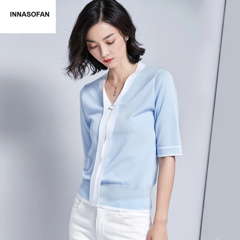 

INNASOFAN Slim Sweater Female Spring-Summer Knitwear Eurasian Fashion Sweater Chic V-collar Sweater with medium sleeves