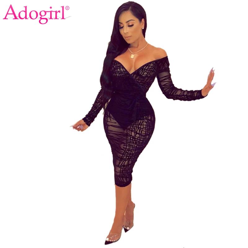 Cena Adogirl wzburzyć przezroczysta koronka obcisła sukienka Plus rozmiar S 4XL kobiety Sexy V z dekoltem, bez ramienia z długim rękawem płaszcza za kolano, klubowa sukienka
