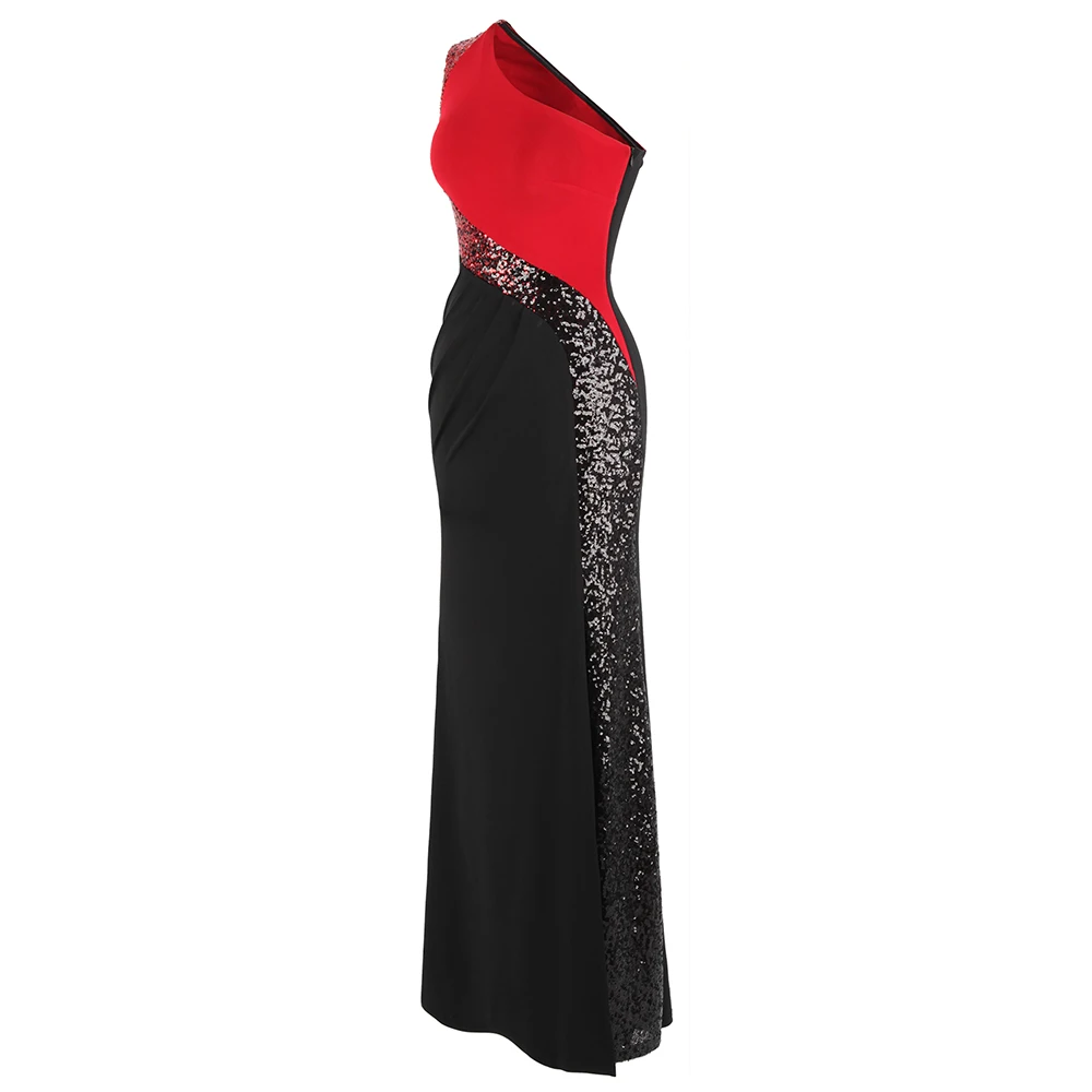 Angel-fashions Womens One Shoulder Ruched Pleated Sequins Split Formal Gown