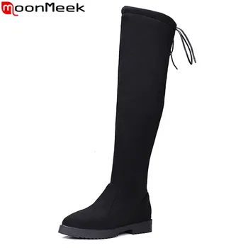 

MoonMeek 2020 hot sale autumn winter new arrive women boots fashion flock lace up ladies over the knee boots black
