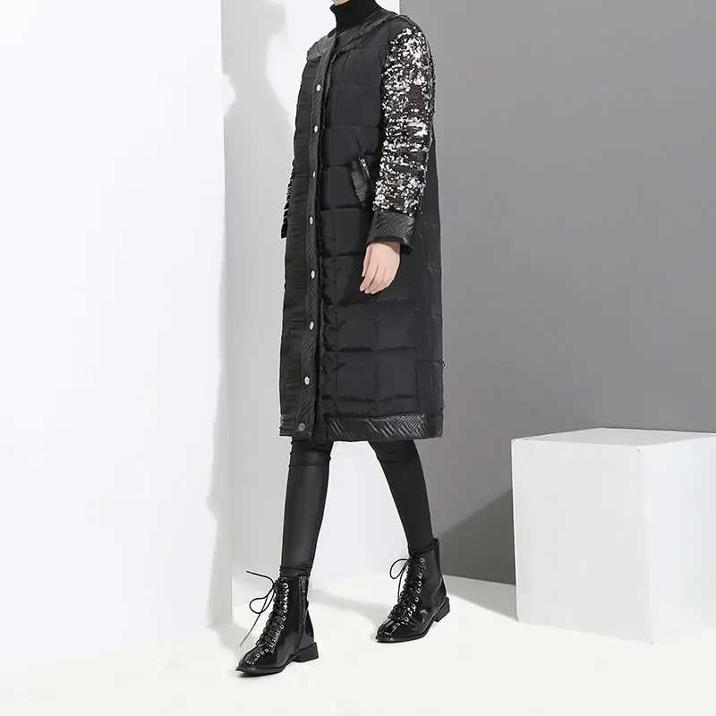 Femmes Corée Zll2516 Large Poitrine xitao Long Unique Stand Automne À Couleur Solide Parka Col Black 2018 Paillettes De Taille Mode fwFtqUYt