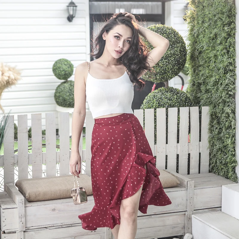 

2018 Summer Irregular Cutting Mermaid Skirt Floral Printed Very Sexy Side Slits no Stretch Skirt Breathable Fabric