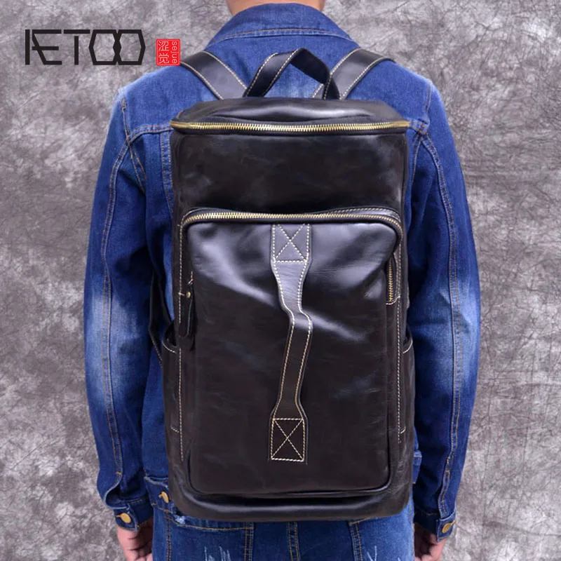 

AETOO Large capacity man travel bag mountaineering backpack men bags hand-Crazy Oli Genuine leather bucket shoulder bag