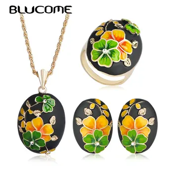 

Blucome Classic Jewelry Set Yellow Flower Enamel Necklace For Women's Wedding Party Ring French Hooks Stud Earrings Accessories