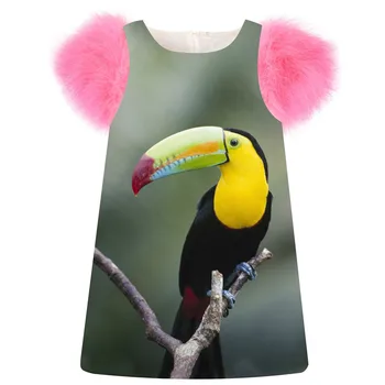 

Kids Dresses Girls Dress fashion Spring/Autumn faux fur sleeve girls printing bird baby Clothing Children