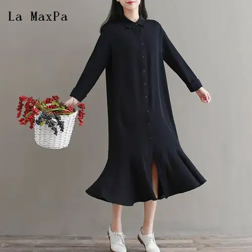 

La MaxPa 2018 spring and autumn women's lapel retro flounced fishtail long sleeve ultra long pure black single breasted dress