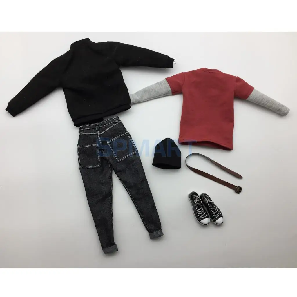 1/6 Scale Mens Clothes Black Bomber Jacket T-shirt Jeans Belt Hat Canvas Shoes Set for 12