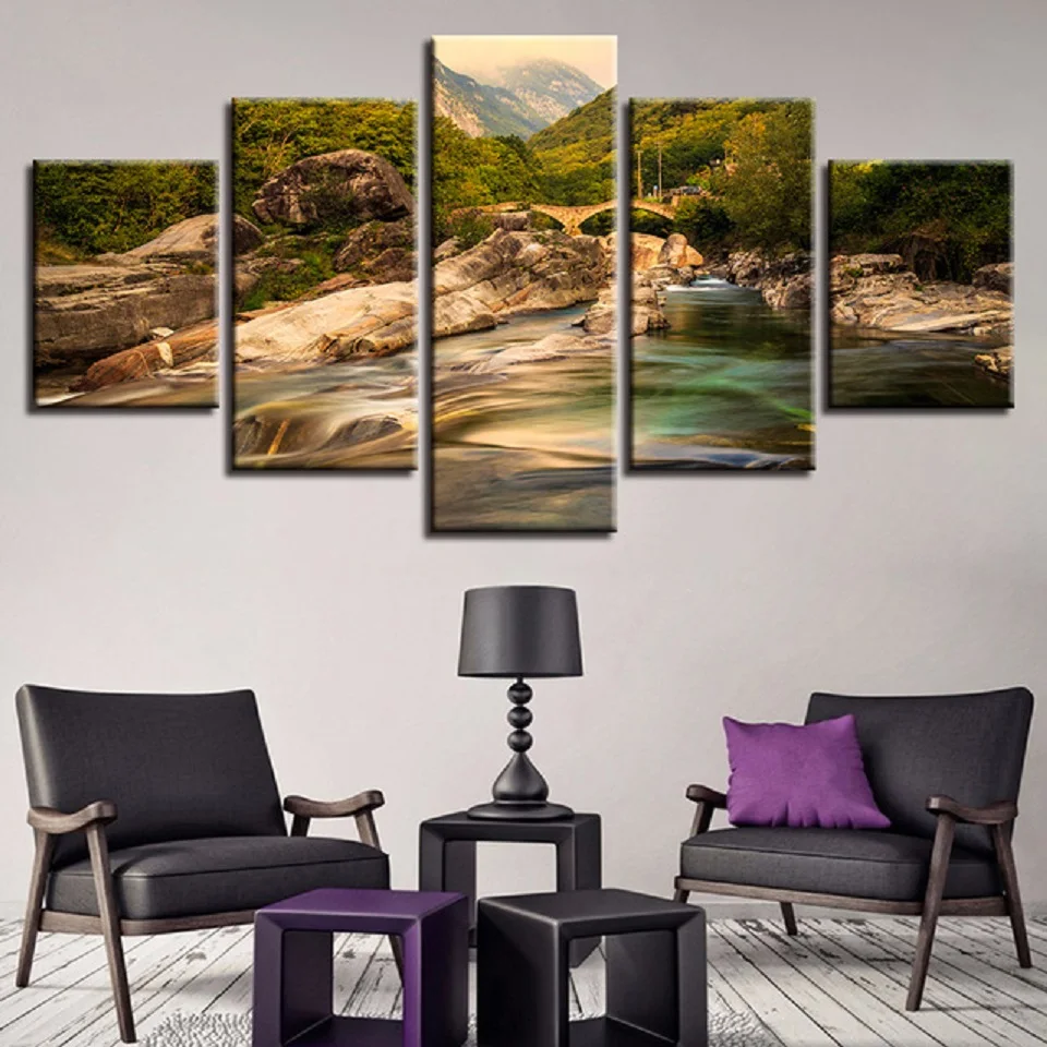 Home Decor Modern Living Room Wall Art Pictures 5 Pieces Green Mountain And River Painting Natural Scenery Modular Canvas Prints | Дом и сад