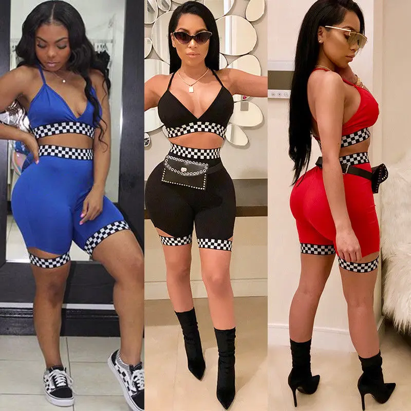 

Woman 2 pieces Set Sexy Women Spaghetti Strap Bra Cross Bodycon Club Party Street Wear Jumpsuit Rompers Short Pants 2pcs