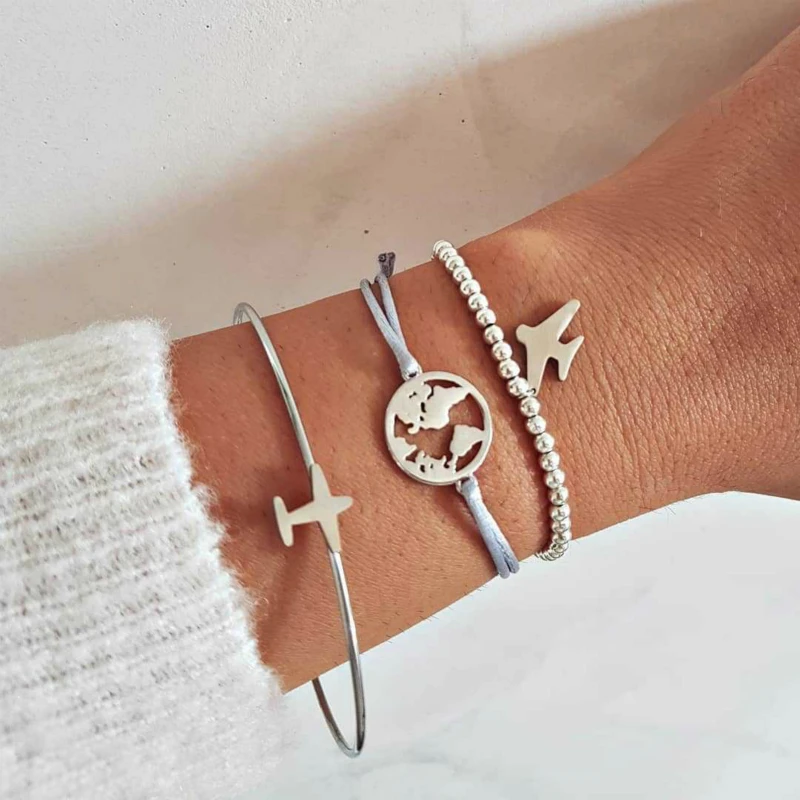 

New Bracelet Popular Fashion Personality Sweet Women's Aircraft World Map Bracelet And Bracelet Set Accessories Wholesale