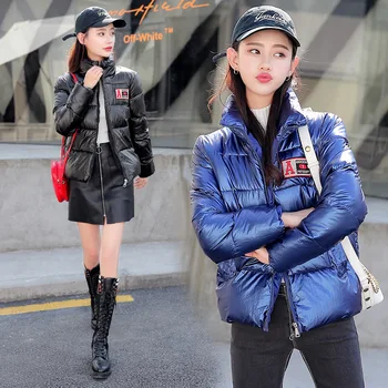 

Women winter jackets Short warm coat Silver metal color Korea style 2019 ladies parka winter Thick Cotton Padded coats Outwear