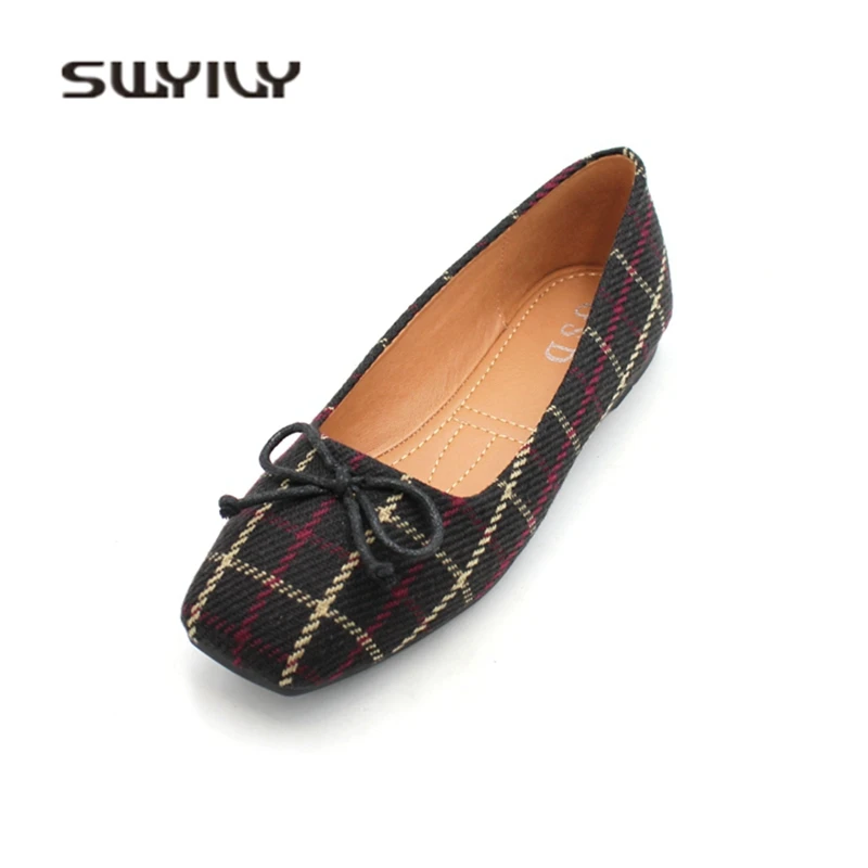 

SWYIVY Flats Shoes Woman Size 41 Bow Square Toe Ballet Flats For Woman 2019 Spring Summer New Female Shoes Casual Loafers Plaid