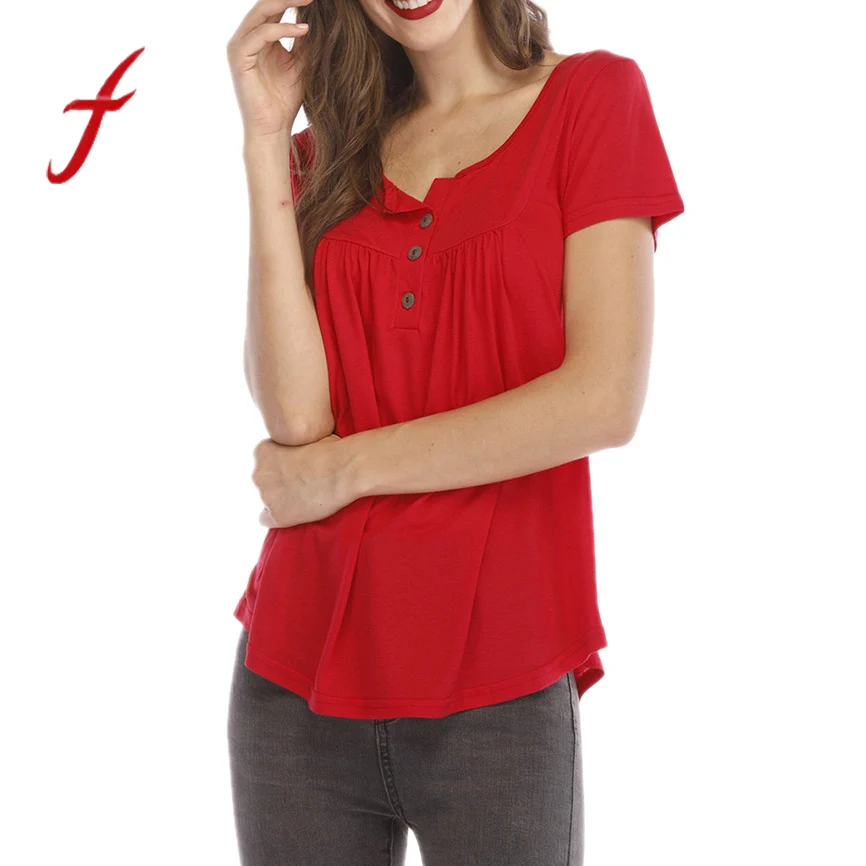 

Mickey mouse women solid color pleated buttoned loose short-sleeved T-shirt top debardeur femme middle button decoration t shirt