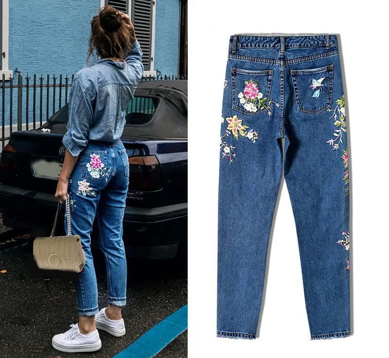 Women's three-dimensional 3D heavy process bird flower front and rear embroidery high waist Slim straight jeans large size system (8)