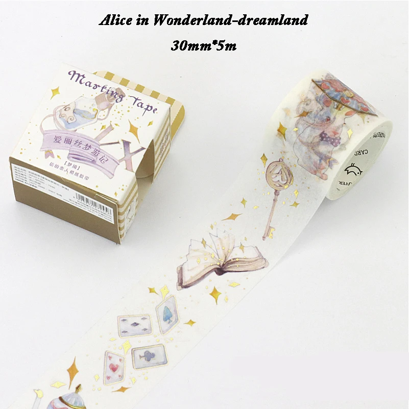 

1 Roll 30mm*5m Alice In Wonderland Dreamland Key Patterns Bronzing Masking Tape DIY Washi Paper Decor For Stickers Stationery