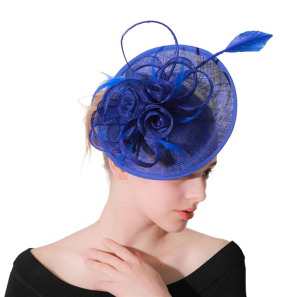 Женская шляпа Sinamay для Кентукки, Дерби, Королевский синий цвет, шляпа-чародей, причудливая перьевая шляпа для свадебной вечеринки, Коктейльная повязка на голову, подарок для мамы