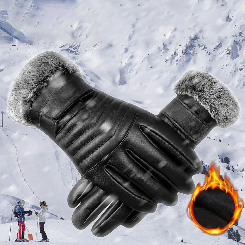 Warm Men Black Winter Faux Leather Ski Gloves Full Finger Motorcycle