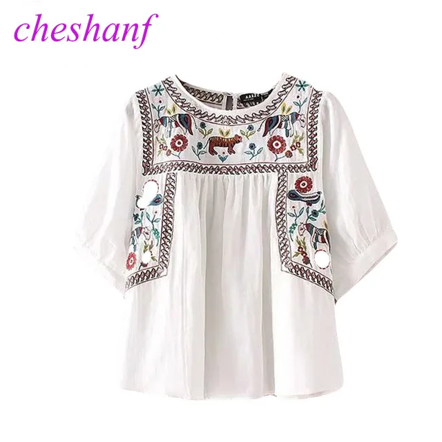 Meilleur Cheshanf Haute Qualité Casual Lâche Blanc Broderie Ethnique Chemisier Femmes Chemises D été Mode Demi Manches O Cou Chemise Femme