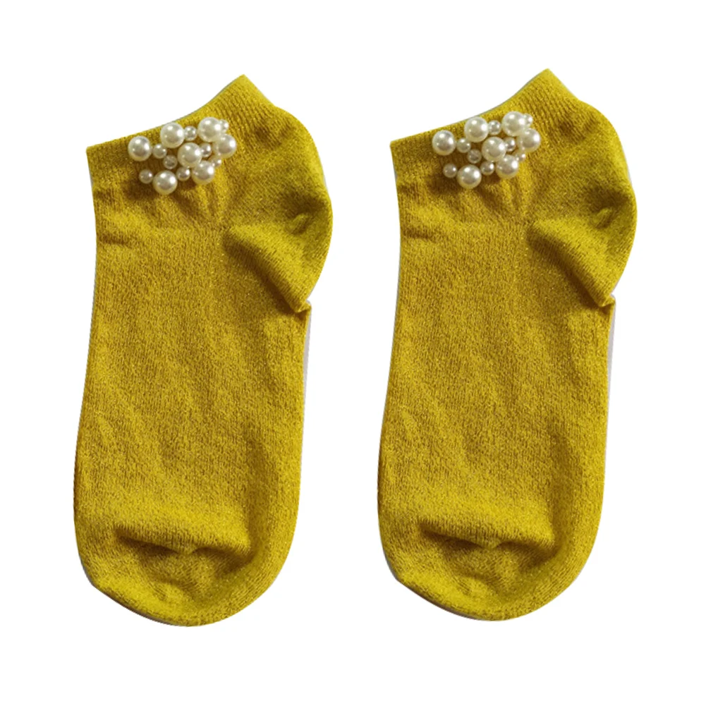 Модные блестящие дышащие Хлопковые женские эластичные короткие носки с искусственным жемчугом и бисером; Новинка - Цвет: Цвет: желтый