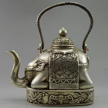 Коллекционный украшенный старый ручной работы тибетский серебряный фигурный цветок слон Чайник