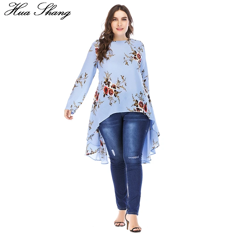 

Huashang Autumn Women Casual Blouse Plus Size Long Sleeve O-neck Floral Print Irregular Sweet Chiffon Long Blouse And Women Tops