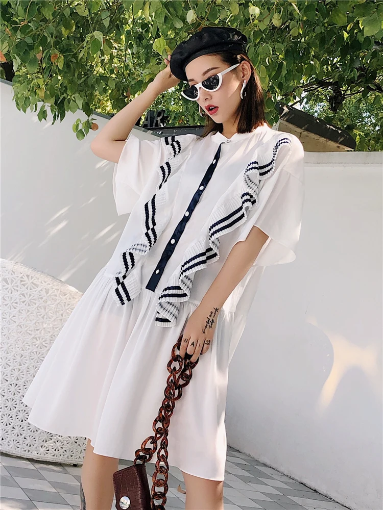 

2019 Spring and Summer Elegant Women Dress Sweet Casual Loose Dress High Street Striped Ruffles Half Dress