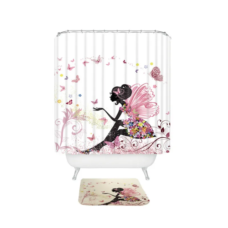 

Beauty Fairy Pattern Shower Curtain Set Waterproof Polyester Fabric Bath Curtain for Bathroom with Non-slip Floor Mat