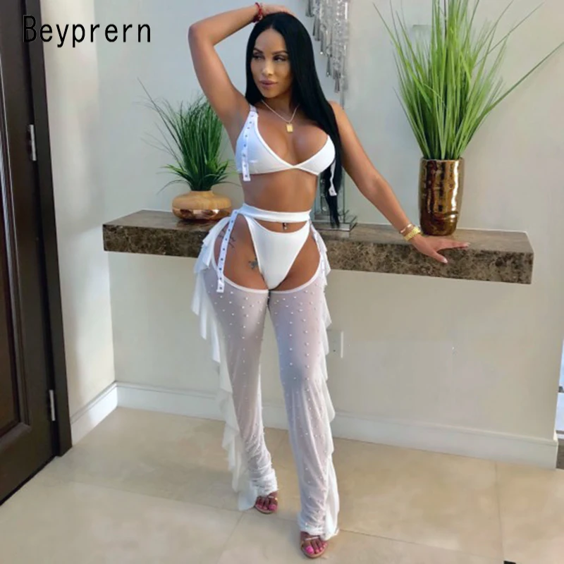 

Beyprern Womens Ruffles Pearl Details Mesh 3 Piece Pant Sets Beach Suits 2019 Sexy Solid Mesh Coverup Beach Set Vacation Outfits