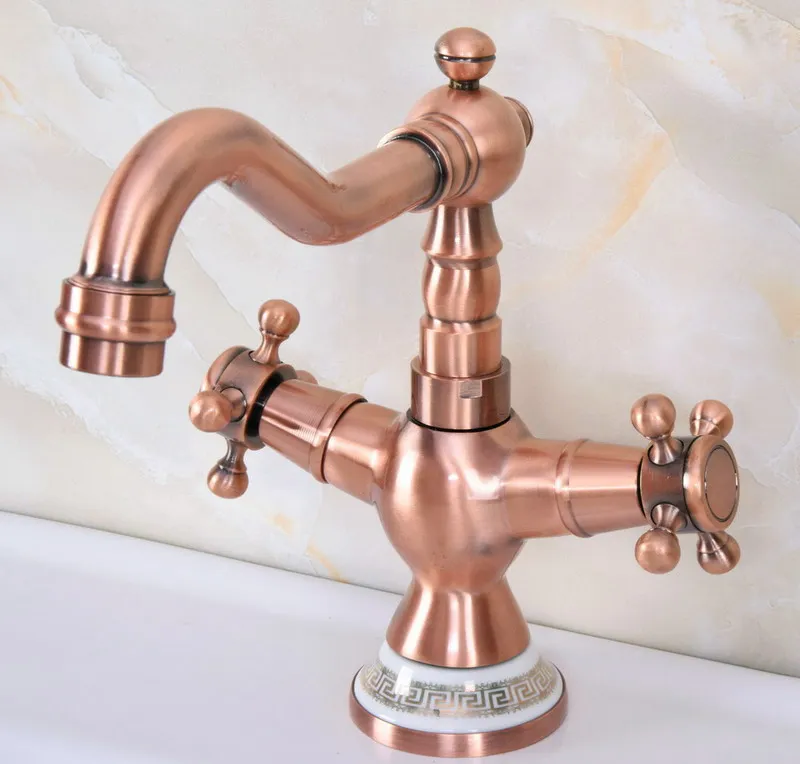 

Antique Red Copper Brass Dual Cross Handles Bathroom Kitchen Basin Sink Faucet Mixer Tap Swivel Spout Deck Mounted mnf622