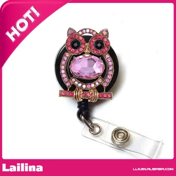 

Pink Simple Owl Rhinestone ID Badge Holder /ID Badge Reel
