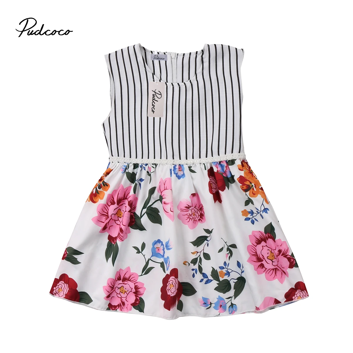 

2018 Kids Baby Girl Princess Floral Party Dress striped summer Tunic zipper Clothes Sundress sleeveless Princess Dresses 2-7Y
