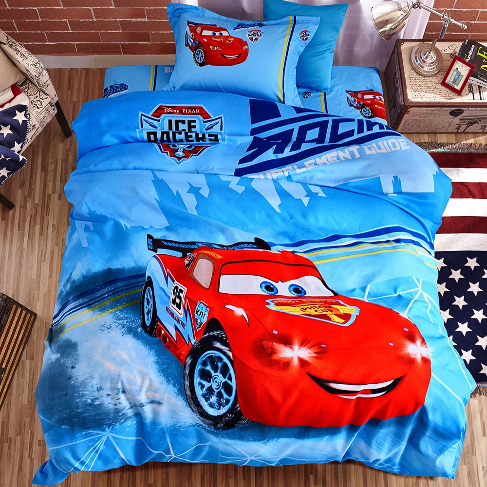 

Disney Mcqueen car bedding set blue color speed Duvet Cover Flat Sheet Pillow Cases Single Queen Size Bed Linen For girl bedding