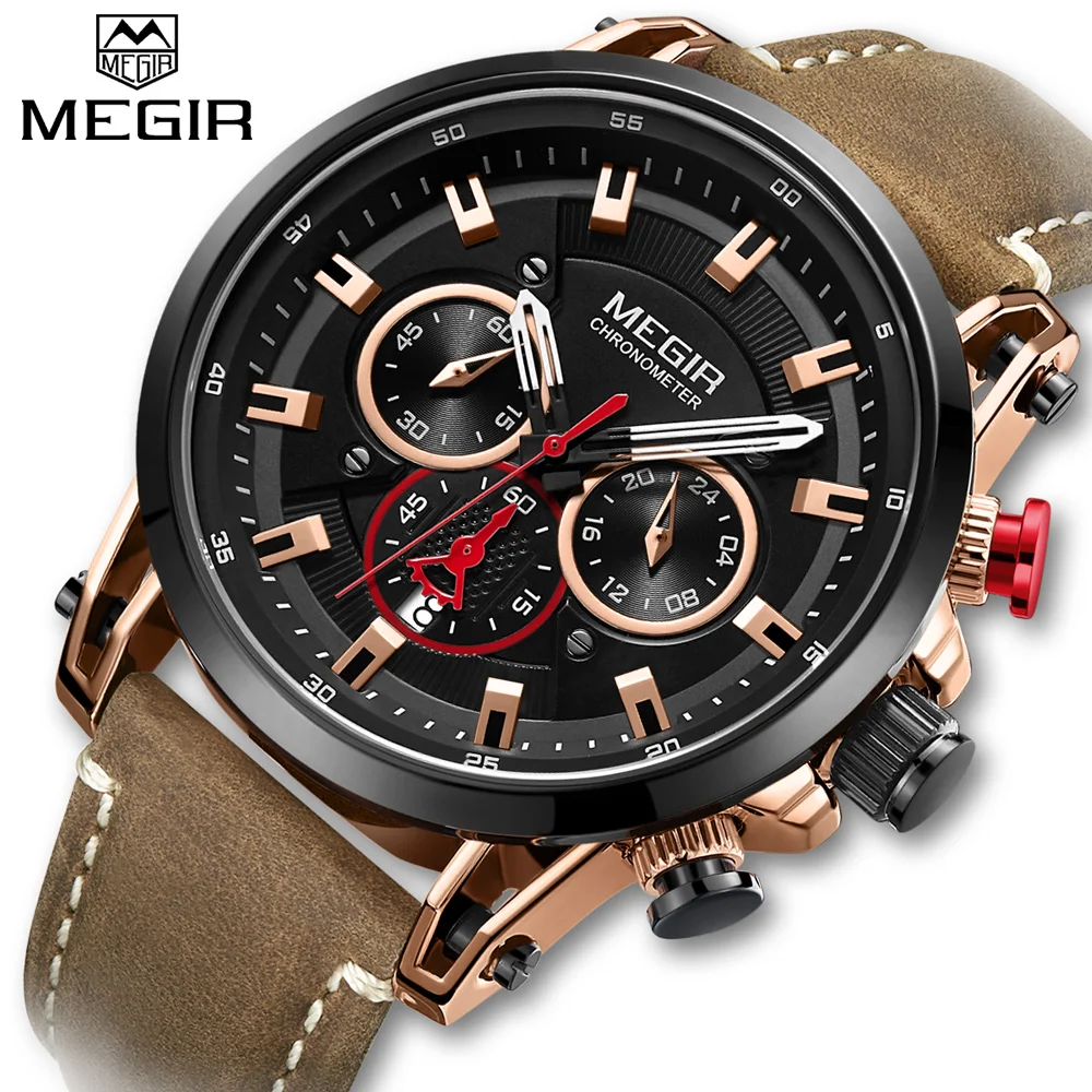 

MEGIR Mens Fashion Quartz Watches Man Casual Sport Leather Strap Watch Waterproof Wristwatch for Men Relogio Masculino-2085