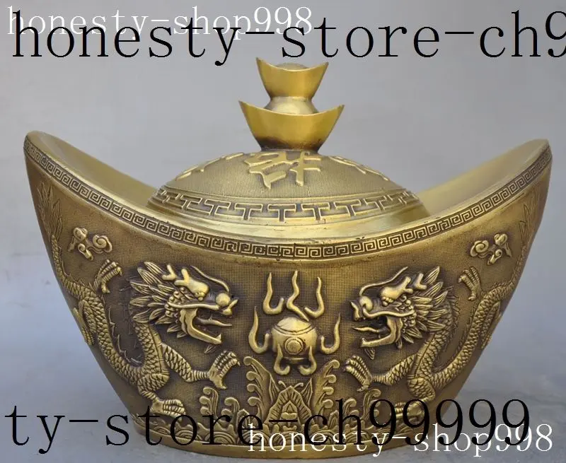 

10"china buddhism brass dragon phoenix bird wealth yuanbao statue incense burner