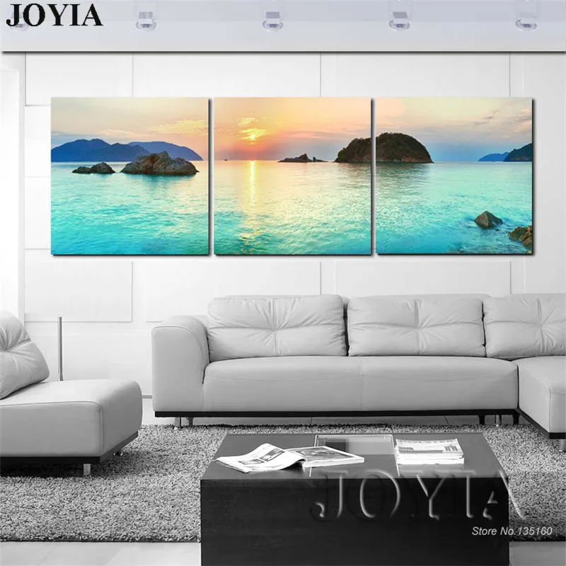 

Seascape Island Wall Pictures, Morning Sunset View Paintings Sea Skyline Canvas Prints Home Living Room Decor, 3 Piece No Frame