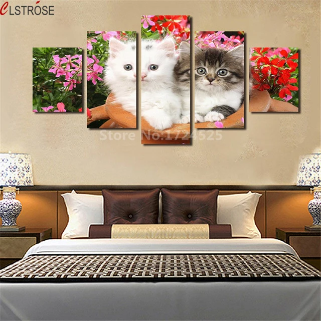 

CLSTROSE Modern Abstract 5 Pieces Cute Cat And Dog Canvas Painting On The Wall Home Decor Pictures For Living Room Unframed