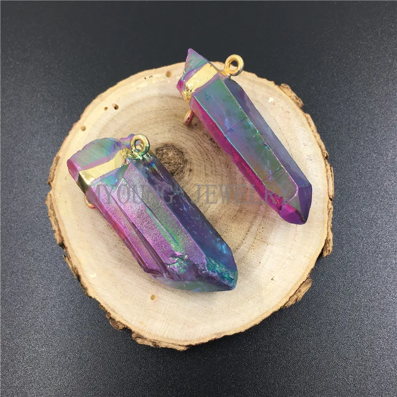 MY0791 Raw Crystal Quartz Titanium Rainbow Pillar Point Pendant, Frost Quartz Spike Connector with Gold Color Band and Bail (1)