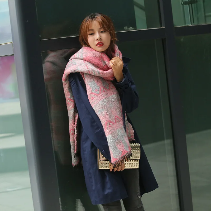 

[DIFANNI ] Warm Blanket Scarf Gorgeous Wrap Long Geometric Thick Brand Shawls and Scarves for Women