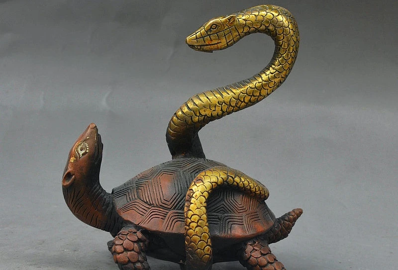 

5" China FengShui Bronze Gilt Auspicious Myth Animal Turtle Snake Xuanwu Statue