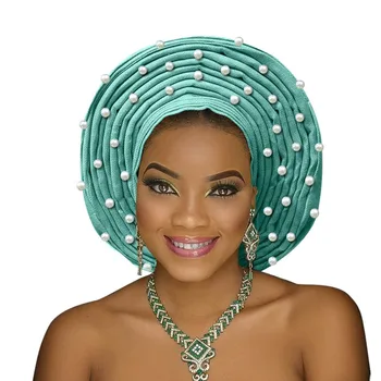 

New design aso oke gele with bead african headtie aso oke head wrap for women