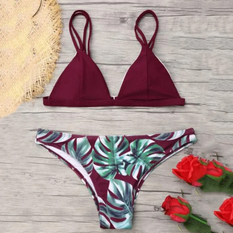 

Sexy Swimwear Women Bikini Set Print Leaves Push-Up Padded Swimsuit Low Waist Bathing Beachwear bikini Swimsuit 2019