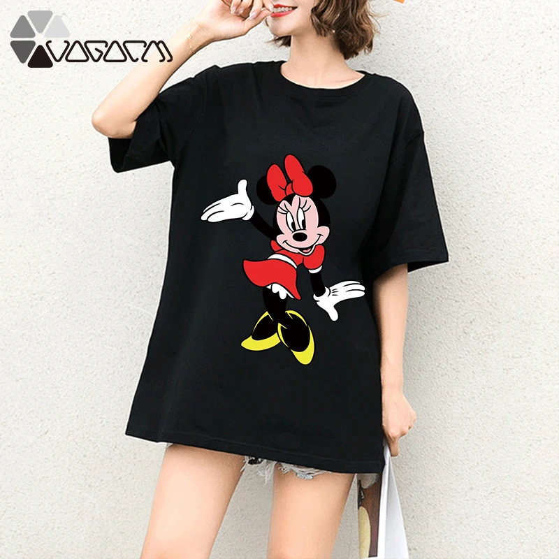 

Ne'w Summer Clothes Women Minnie Mickey Mouse Print Tops Tee Short Sleeve White Fashion Loose Harajuku Cartoon Plus Size T Shirt
